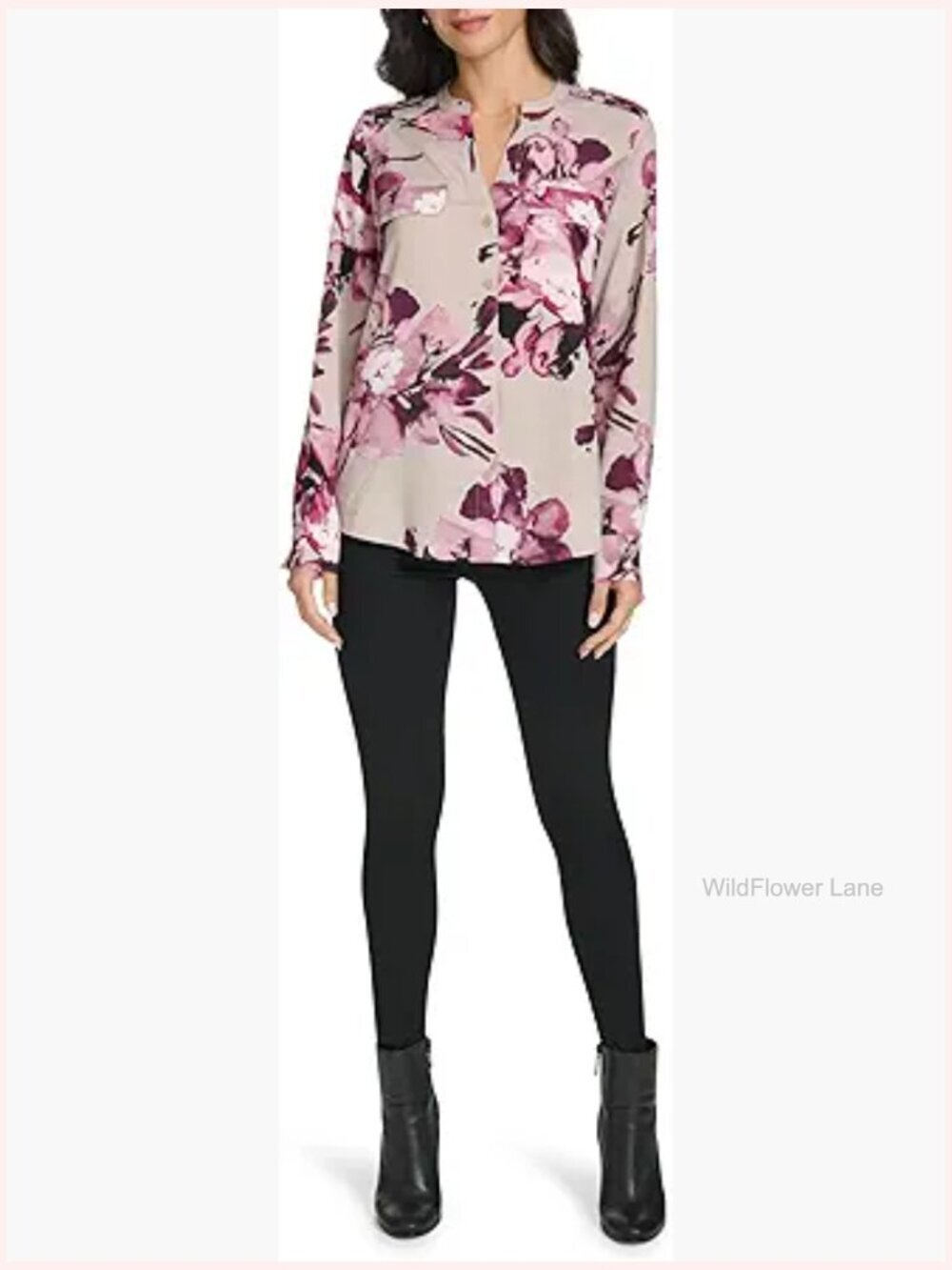 Long Sleeve Roll Tab Keyhole Neck Blouse